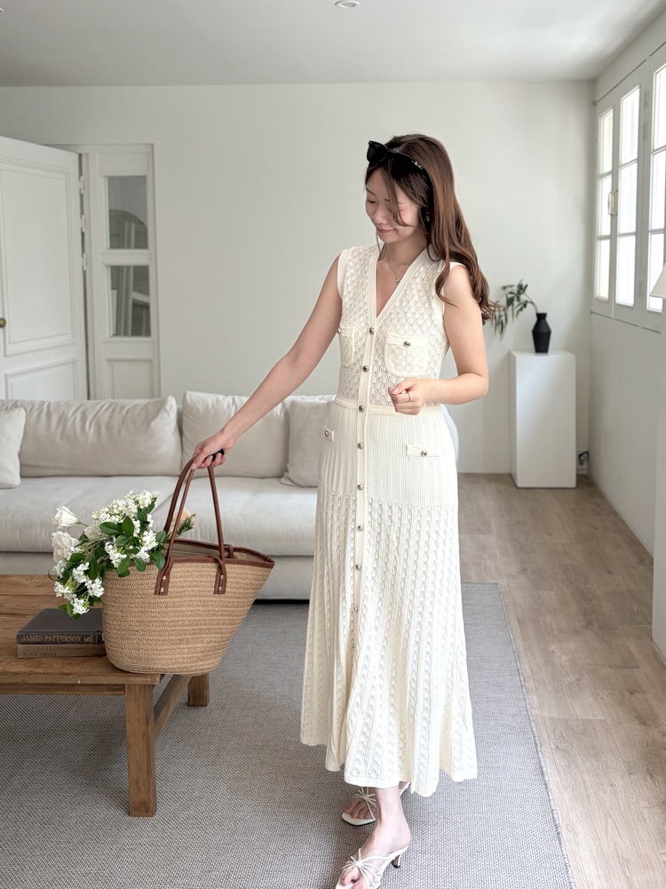Buttoned Crochet Knit Dress (Ivory)