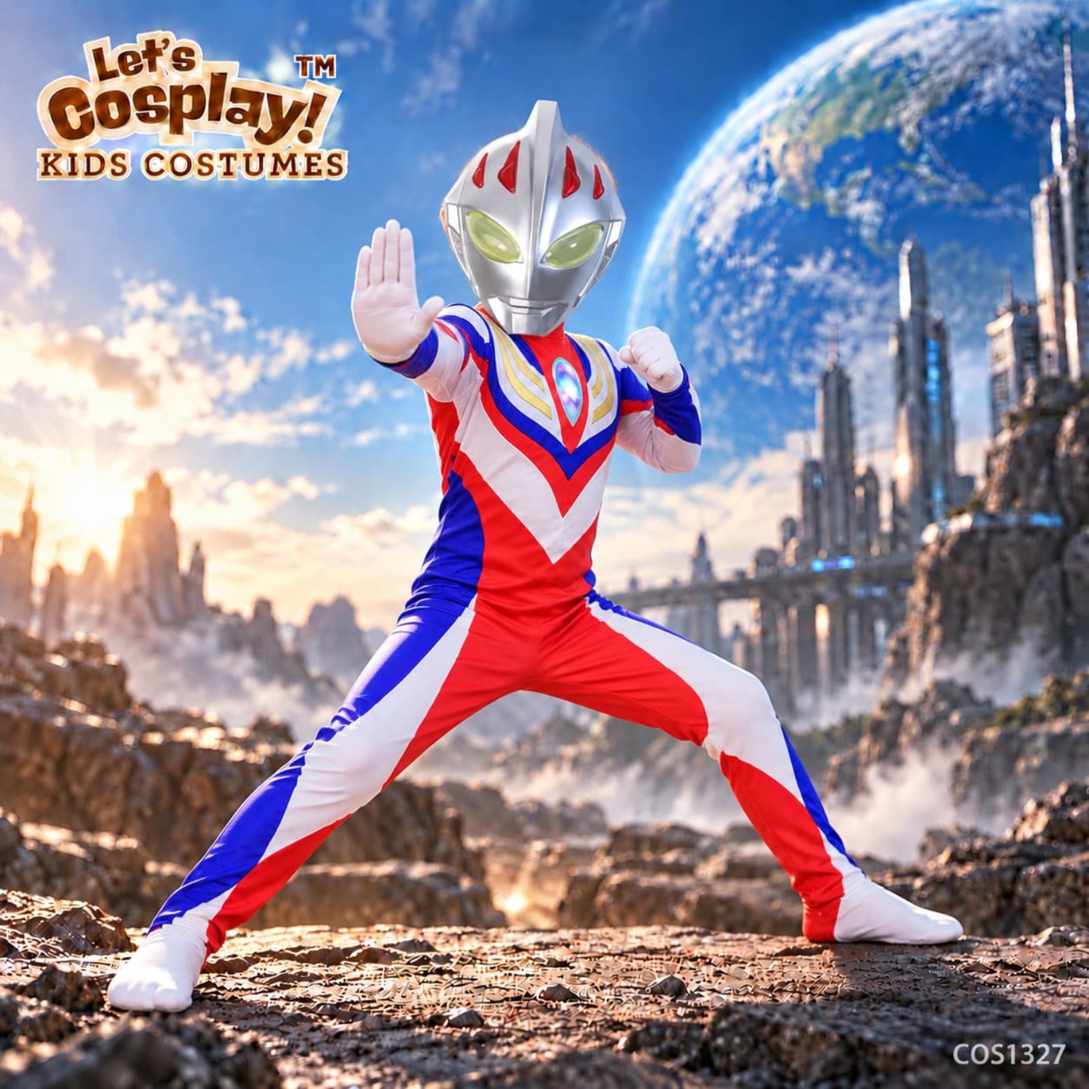 超人迪加 Ultraman Tiga 兒童角色扮演服裝 紅藍白連身衣連發光胸燈 配不發光面具或觸摸式三燈發光頭盔 萬聖節 Superhero Day 香港現貨 Lets Cosplay COS1327
