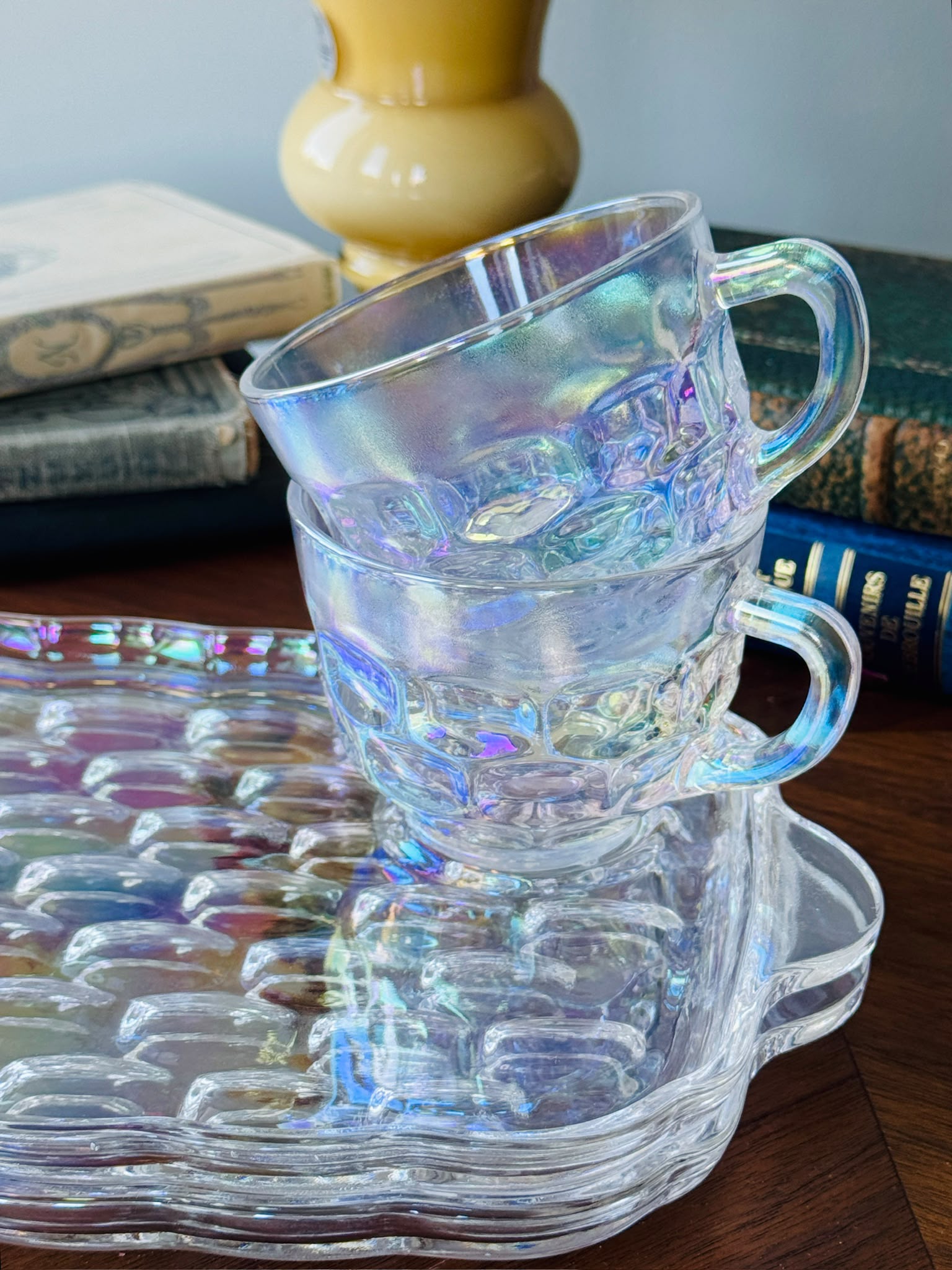 Vintage C.a. 1960s USA Federal Glass Yorktown “Thumbprint” Iridescent Snack Set -2 Sets  (MT2641)