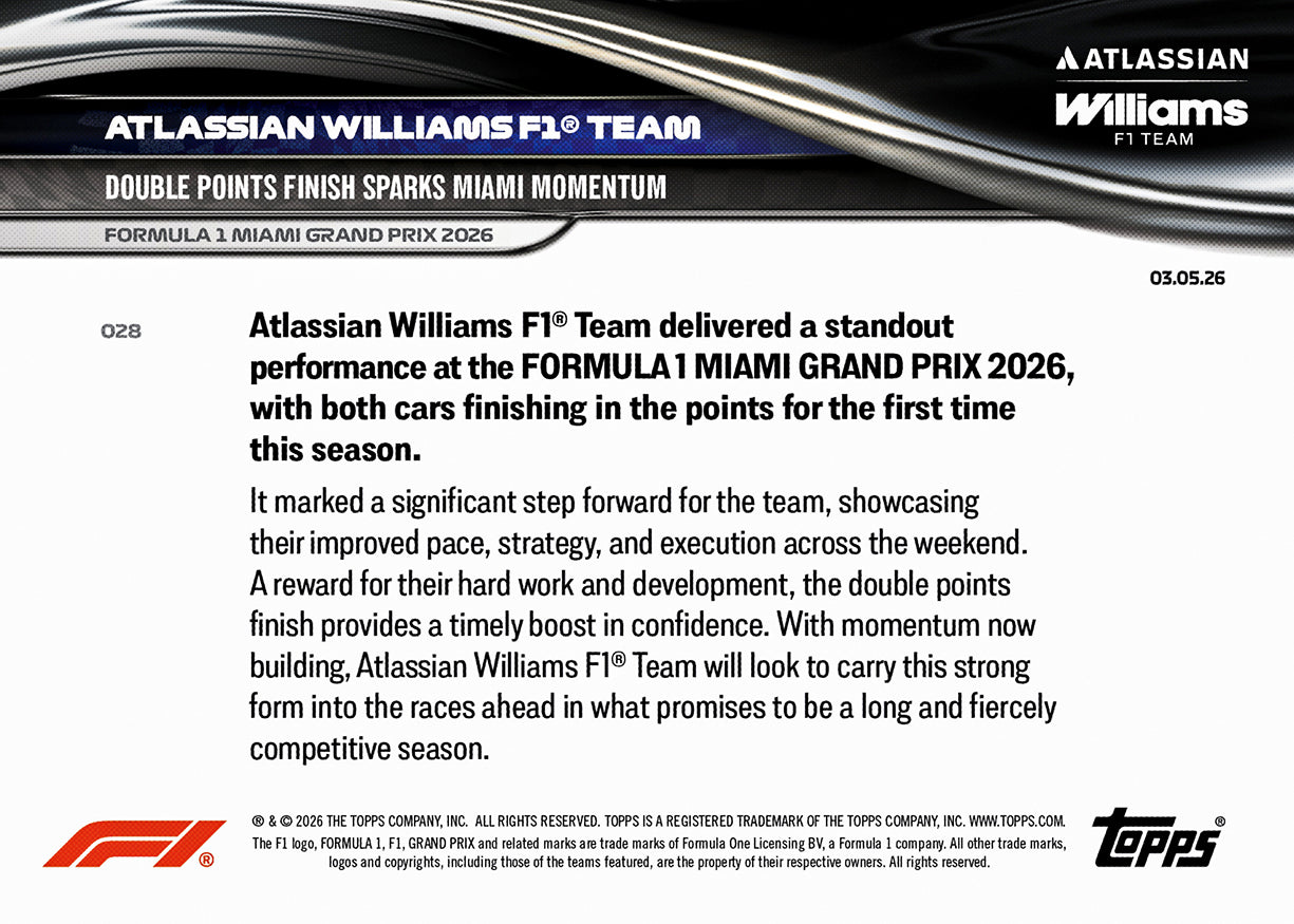 Atlassian Williams F1 Team - 2026 F1 Topps NOW® #28 Miami GP 雙車得分紀念卡｜PR 1,529