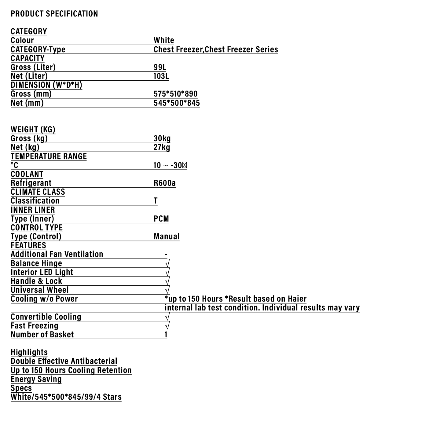 Haier 103L Chest Freezer (BD-138HME)