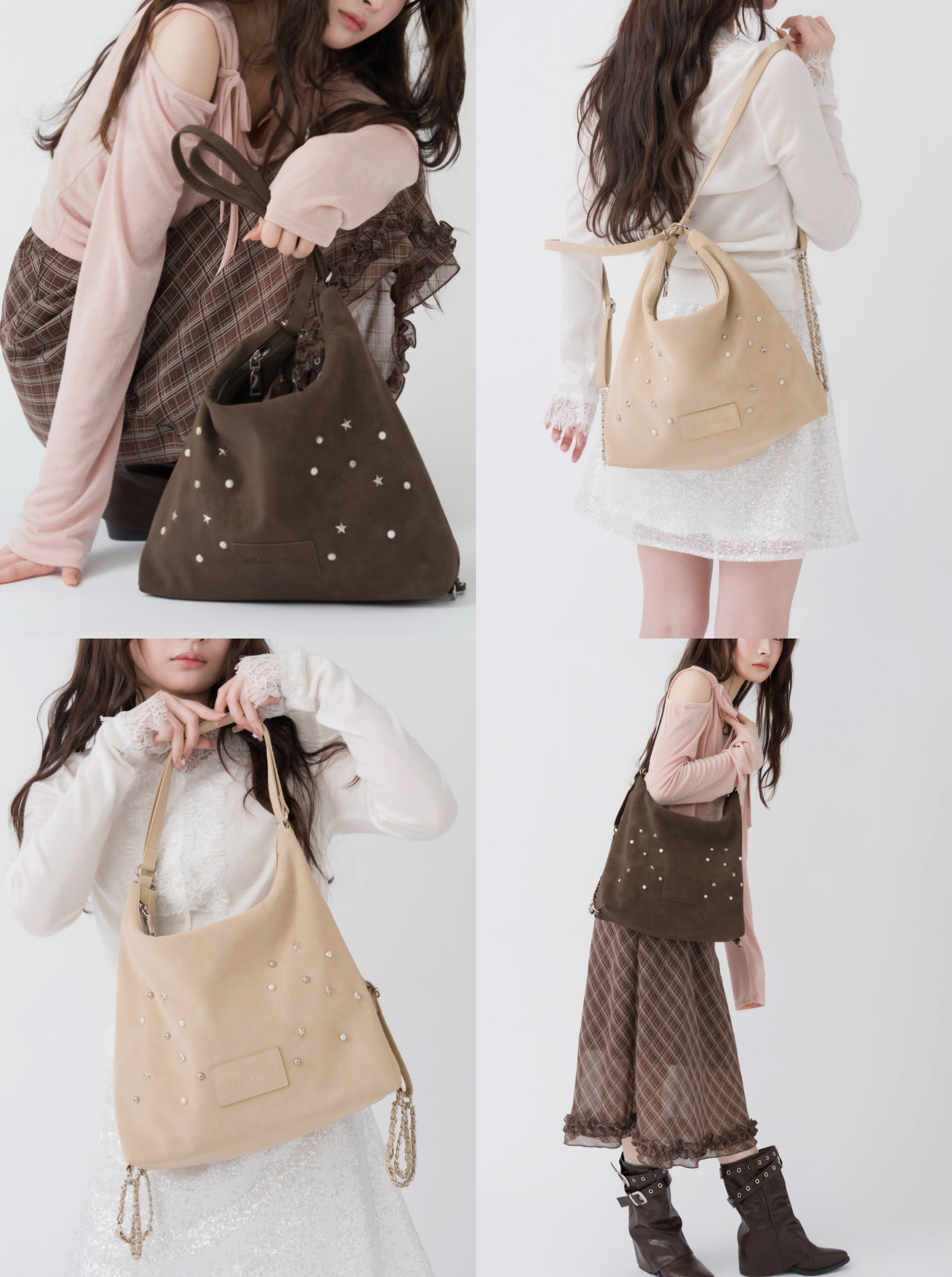 【✨️日本🇯🇵 MELLOWNEON 3 way studded bag 復古絨面窩釘袋✨️】【共2色：奶茶杏色/焦糖棕色】