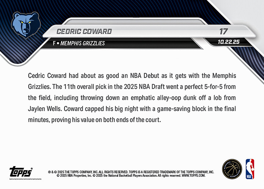 Cedric Coward RC - 2025-26 NBA Topps NOW® #17 Memphis Grizzlies 新人卡｜PR 599