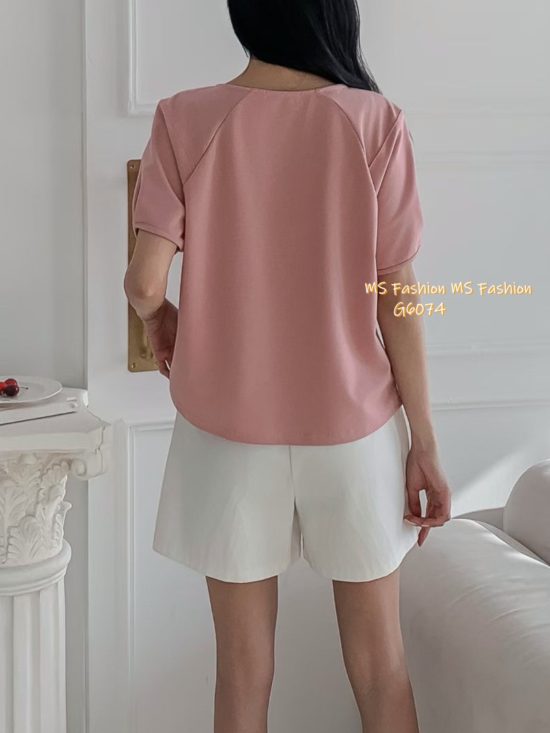 G6074 韓國🇰🇷淨色圓領摺袖top