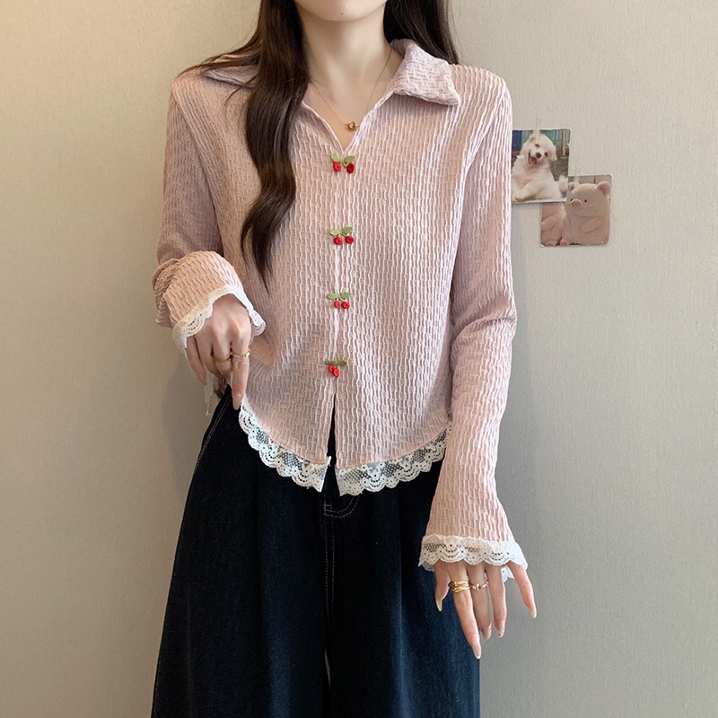 B104(21567) 韩系甜美风微褶皱翻领前部樱桃拼蕾丝花边3色上衣