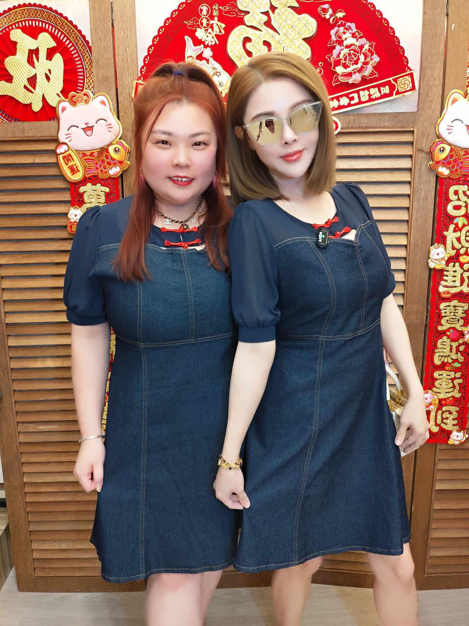 TW#5837 盘扣网纱牛仔连衣裙