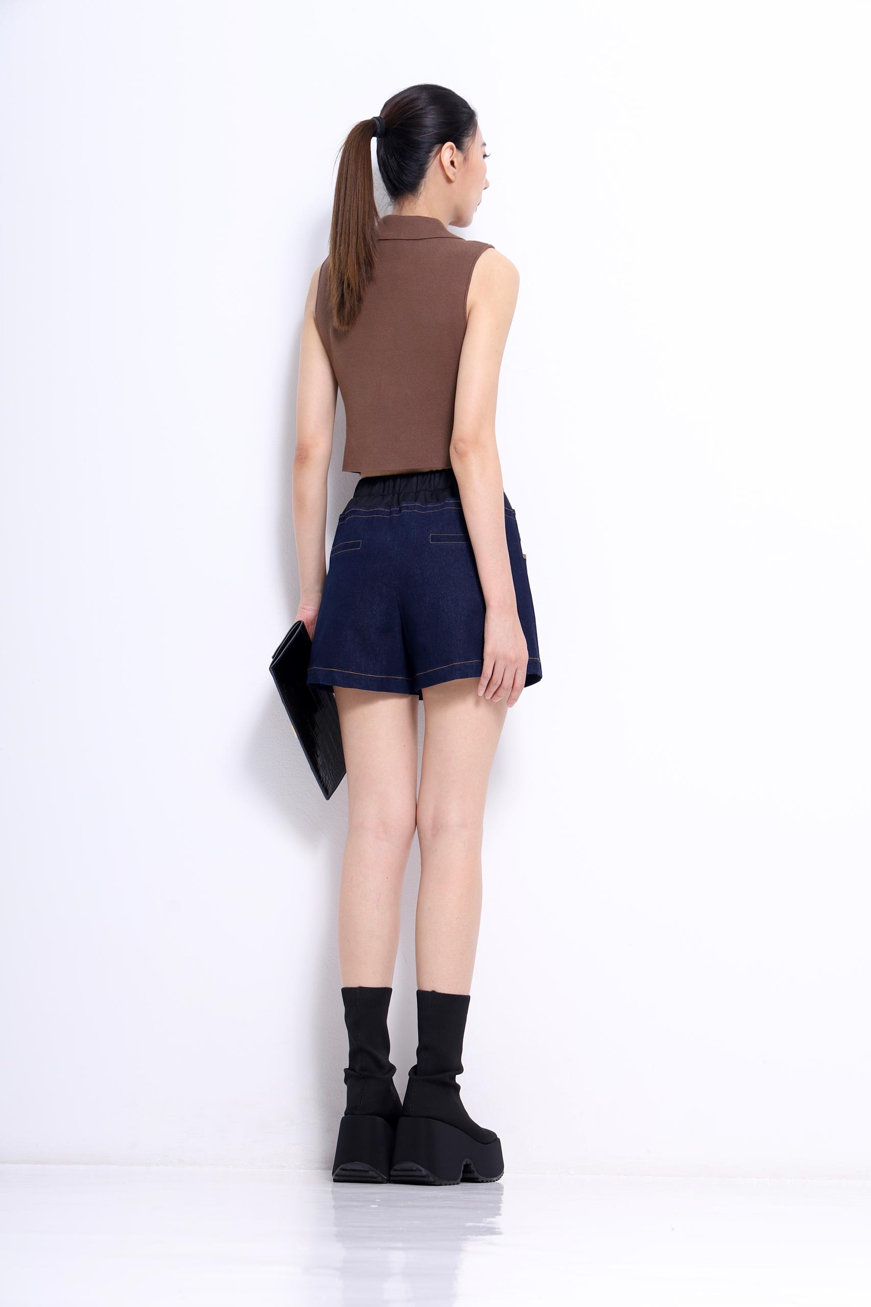 CP1619 DOUBLE WAISTED DRAWSTRING DENIM SHORTPANT