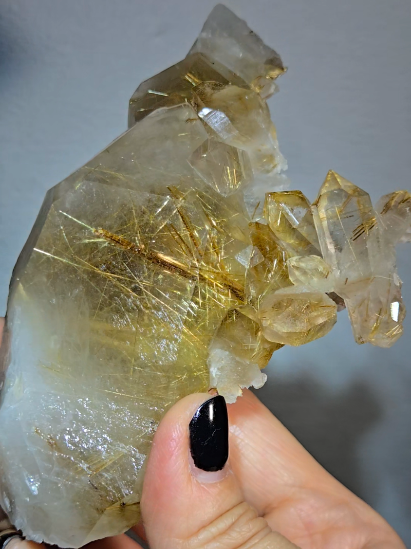 Golden titanium rutiles on black hematite in quartz cluster - RT1443
