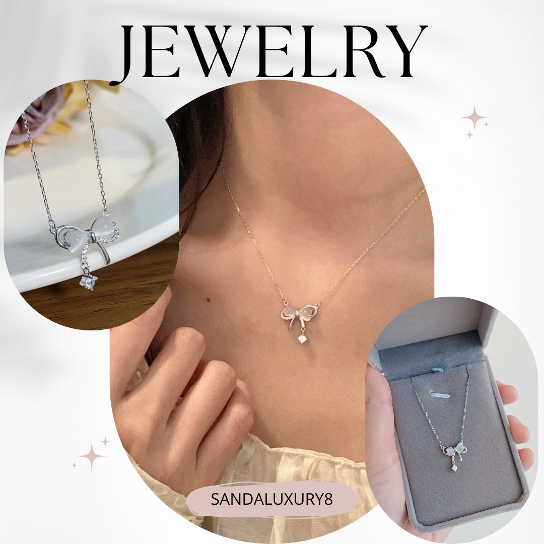 Silver Bow Pendant Necklace with Zirconia Stone Accent