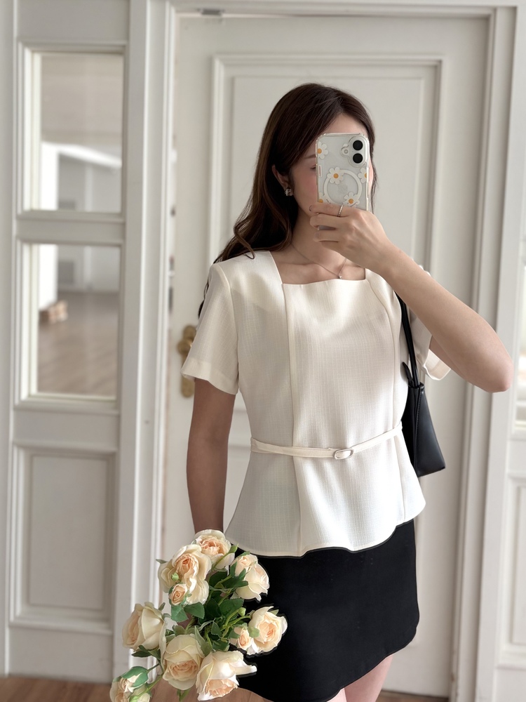 Square Neck Belted Blouse (Ivory)