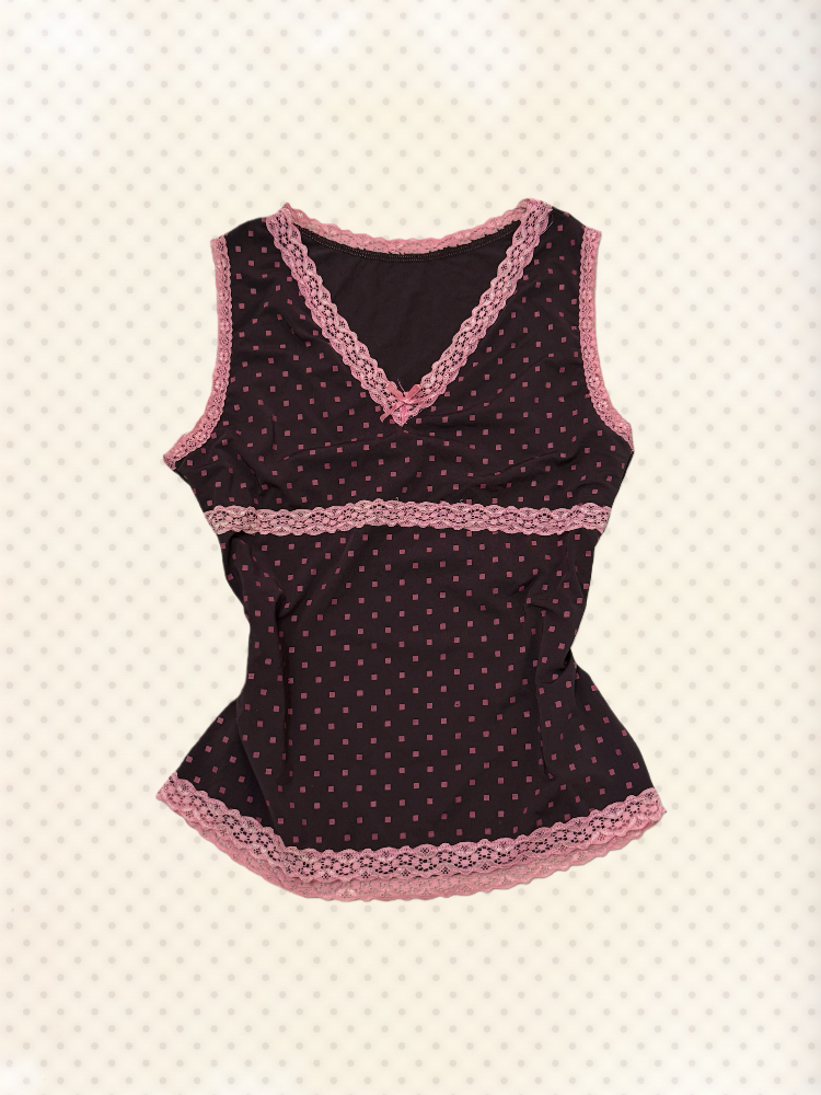 Polka Dot Lace-Trim Babydoll Tank Top