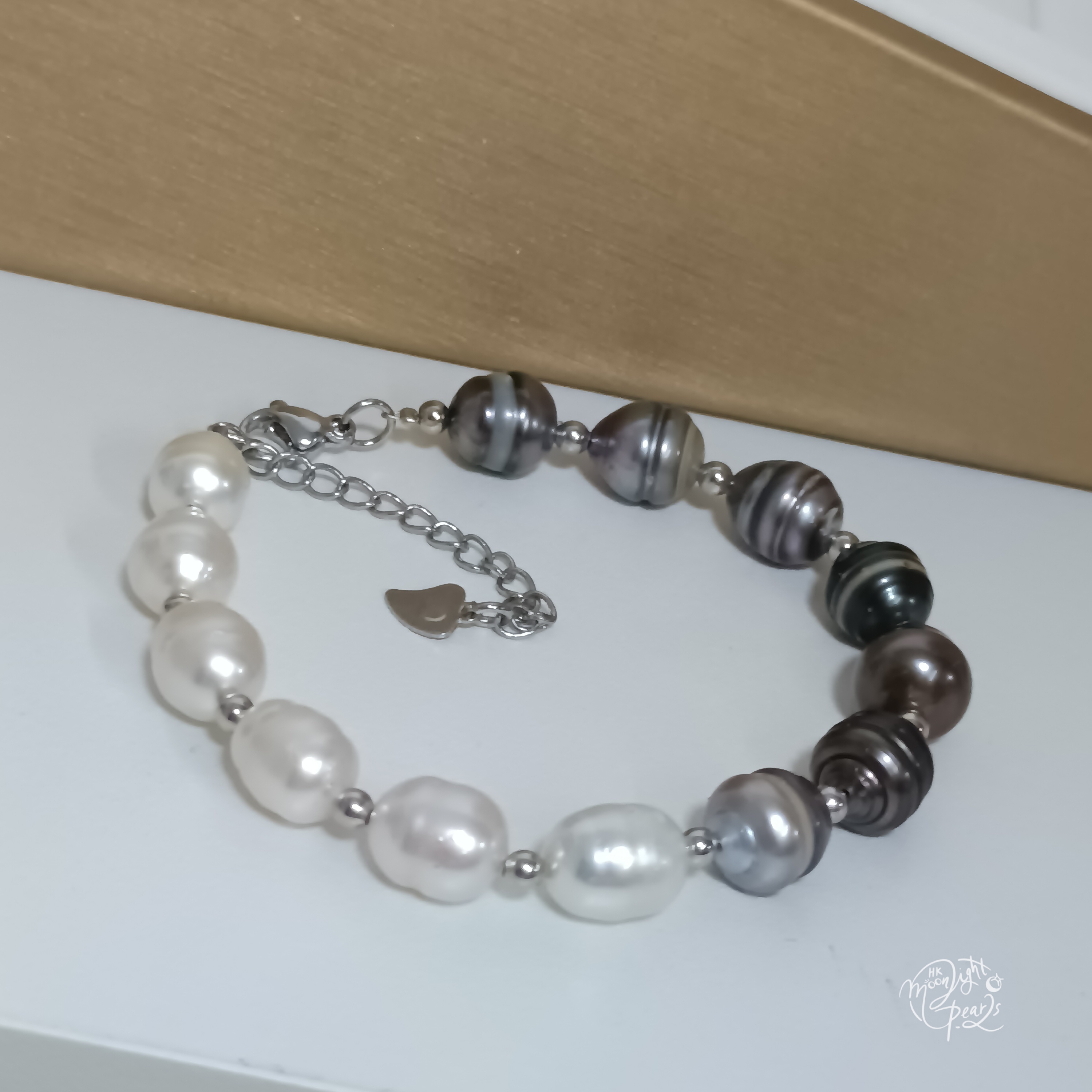 大溪地螺紋巴洛克海水珍珠+澳白巴洛克海水珍珠注白金尾鍊扣手鍊