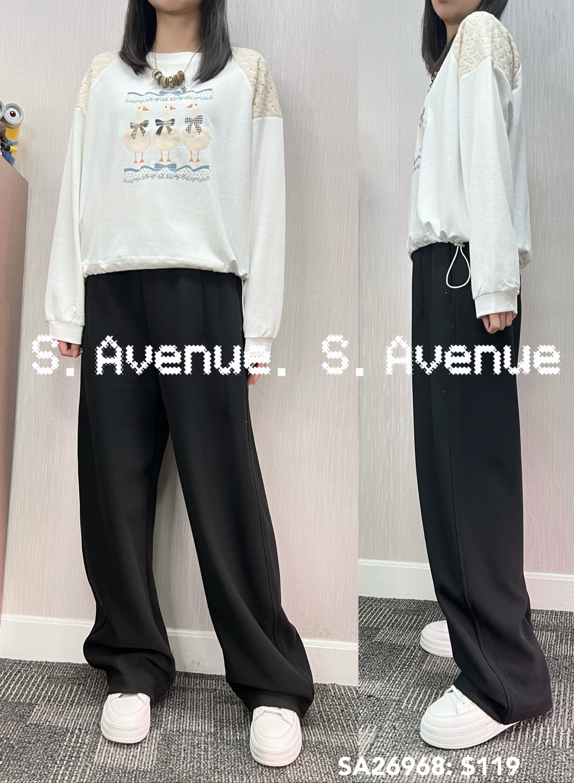 SA26968: 長袖膊lace三隻鴨仔束腳tee