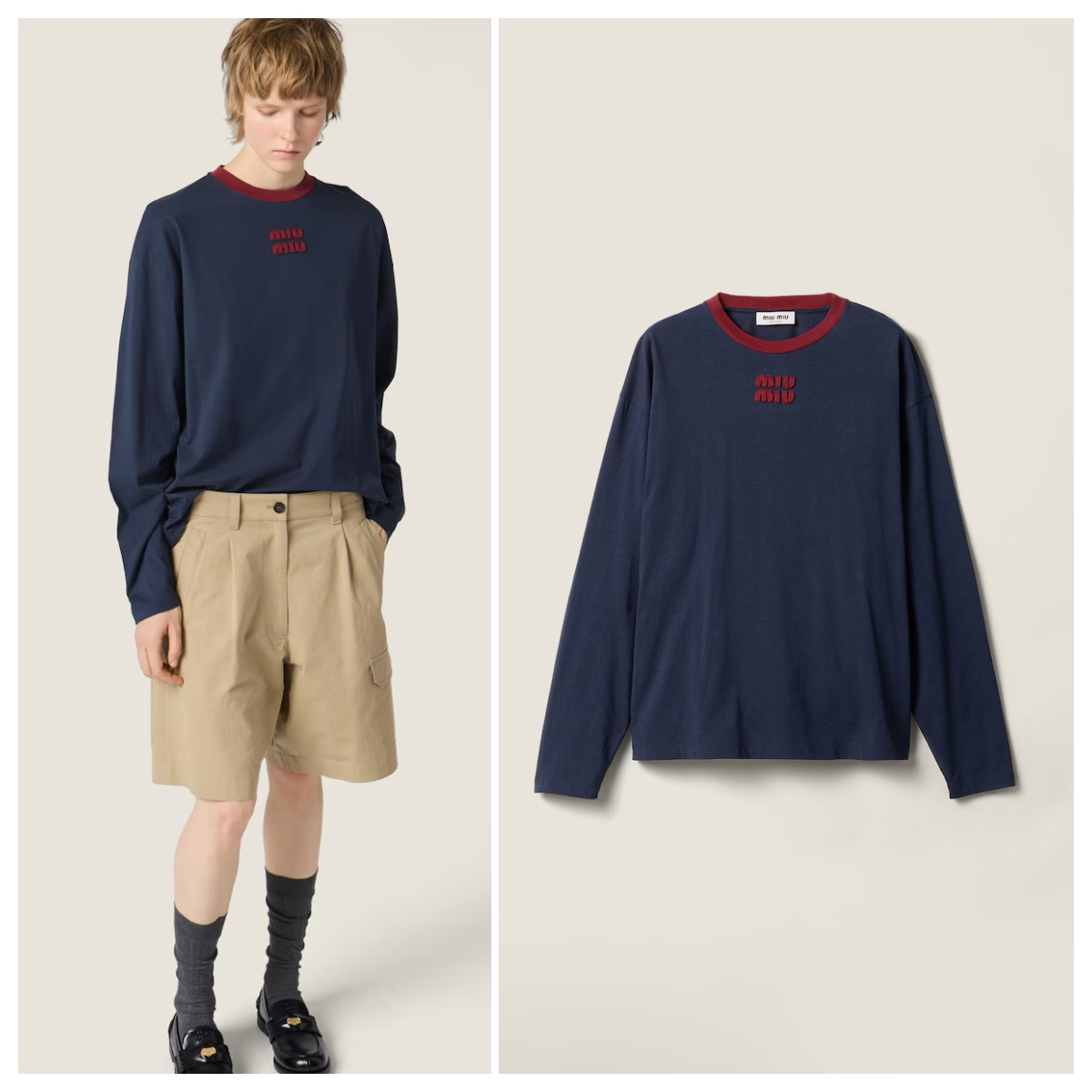 Miu Miu 字母貼布繡圓領長袖Tee 