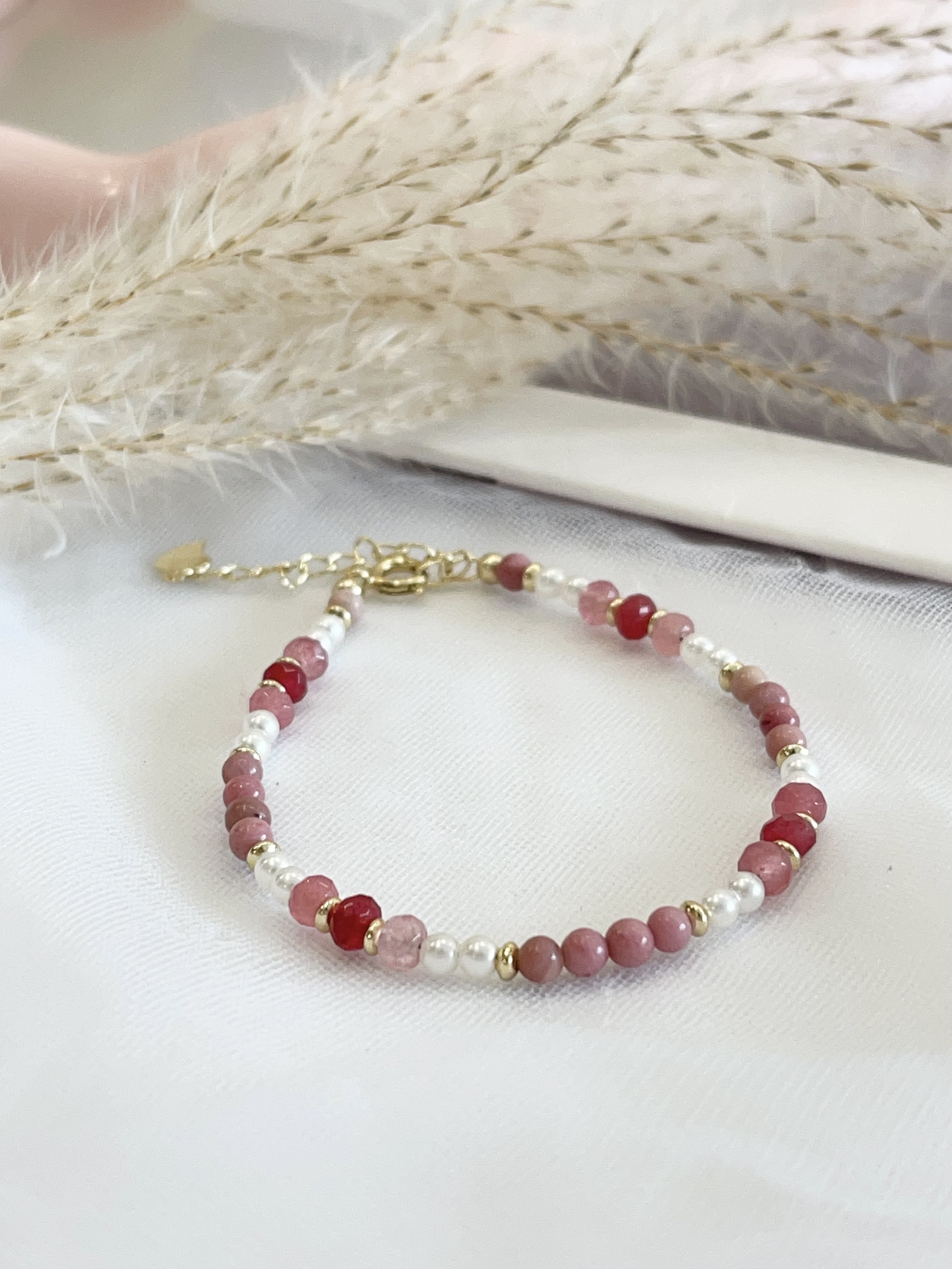 🌹 蔷薇石 × 珍珠细手链  Rose Quartz & Pearl Bracelet｜3-4mm