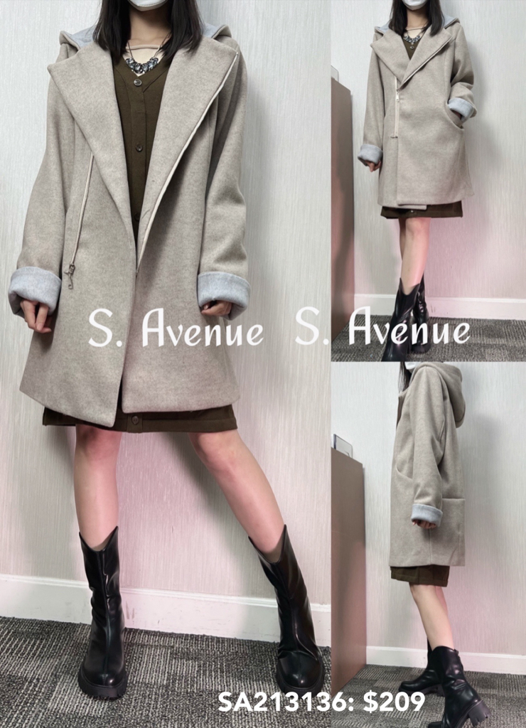 SA213136: 長袖大反領有帽撞色長絨褸