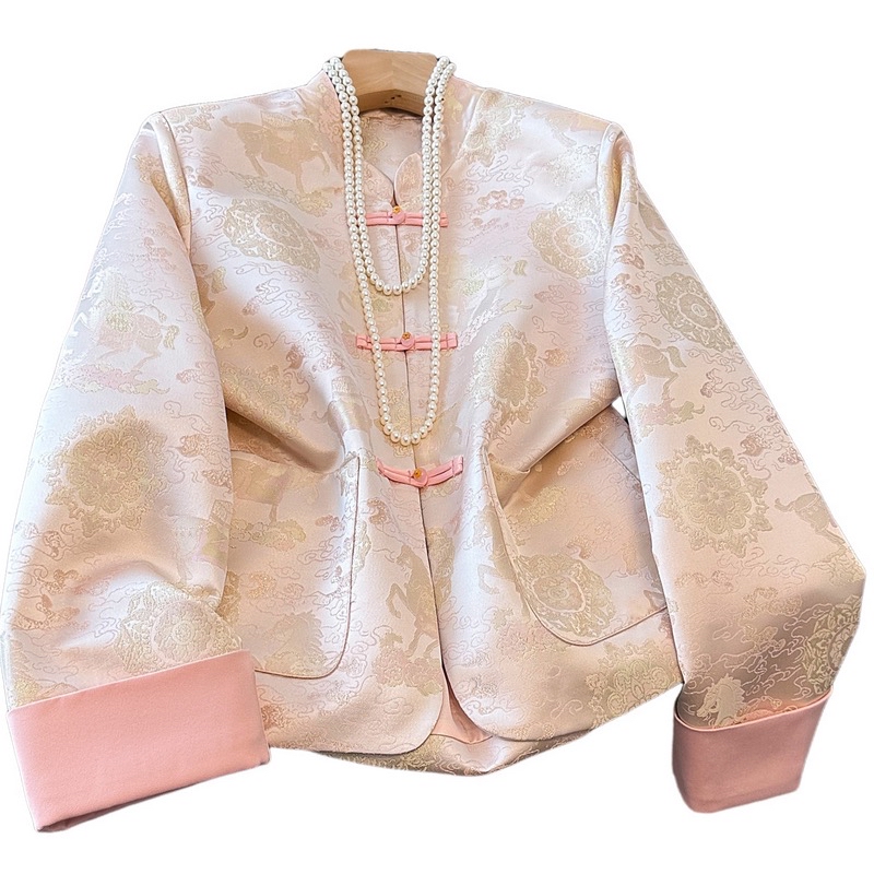 B06(9928) 新中式国风高端马提花卷边长袖付垫肩粉外套上衣