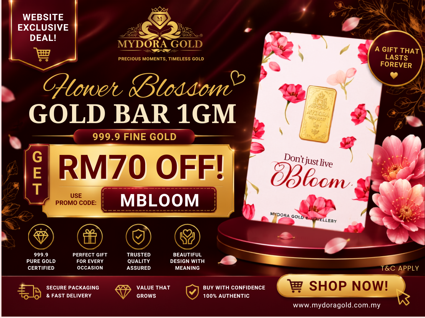 MYDORA 999.9 Flower Bloom Signature Goldbar 1gm