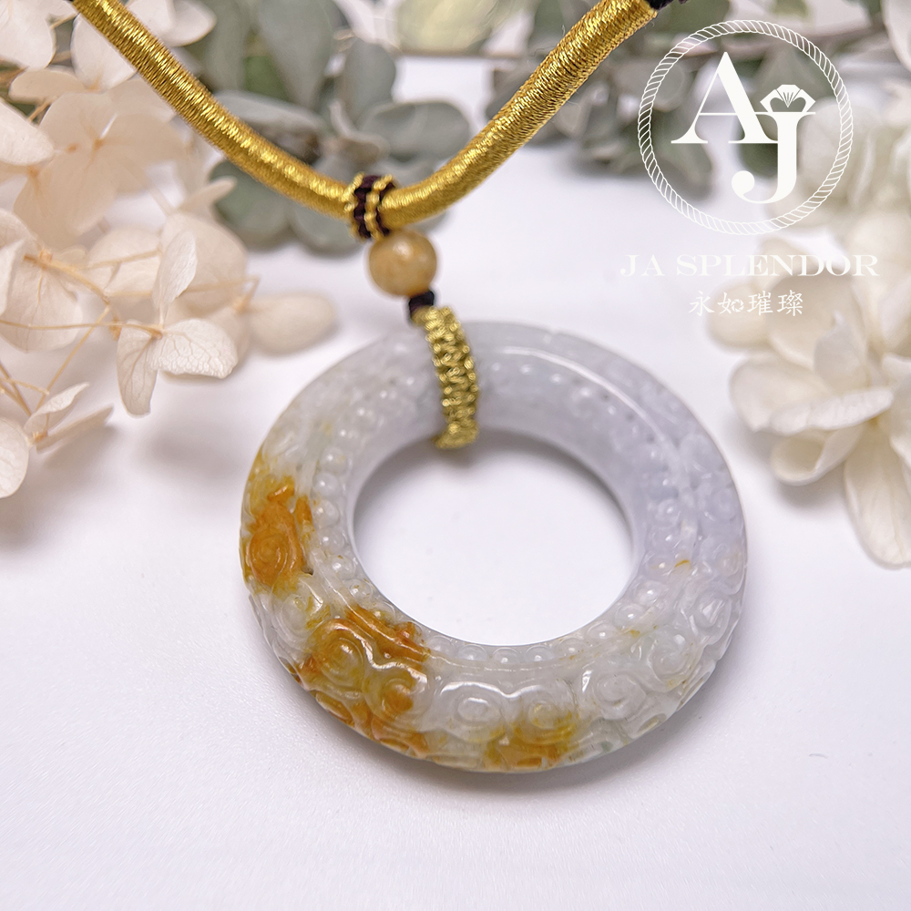 JN-3299 天然翡翠A玉 復古回紋順利招財黃翡精工雕刻糖環