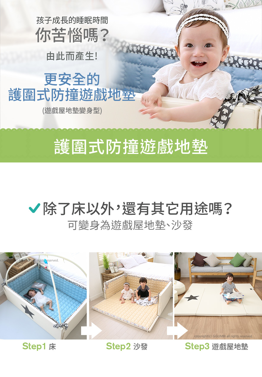 *預購; 確認付款後7-10日內發貨* Ggumbi Bumper Mat多功能圍欄地墊式嬰兒床 (象牙白色+黃墊)(付款後14日內發貨)