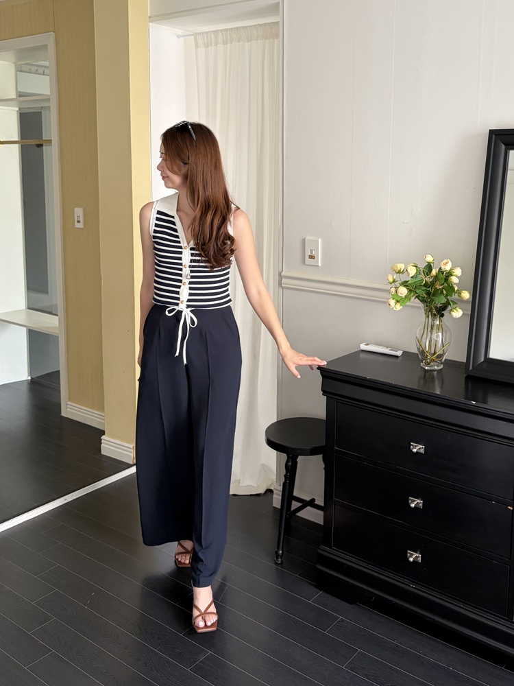 [超涼!!] Contrast Belt Wide Leg Slacks (Navy)