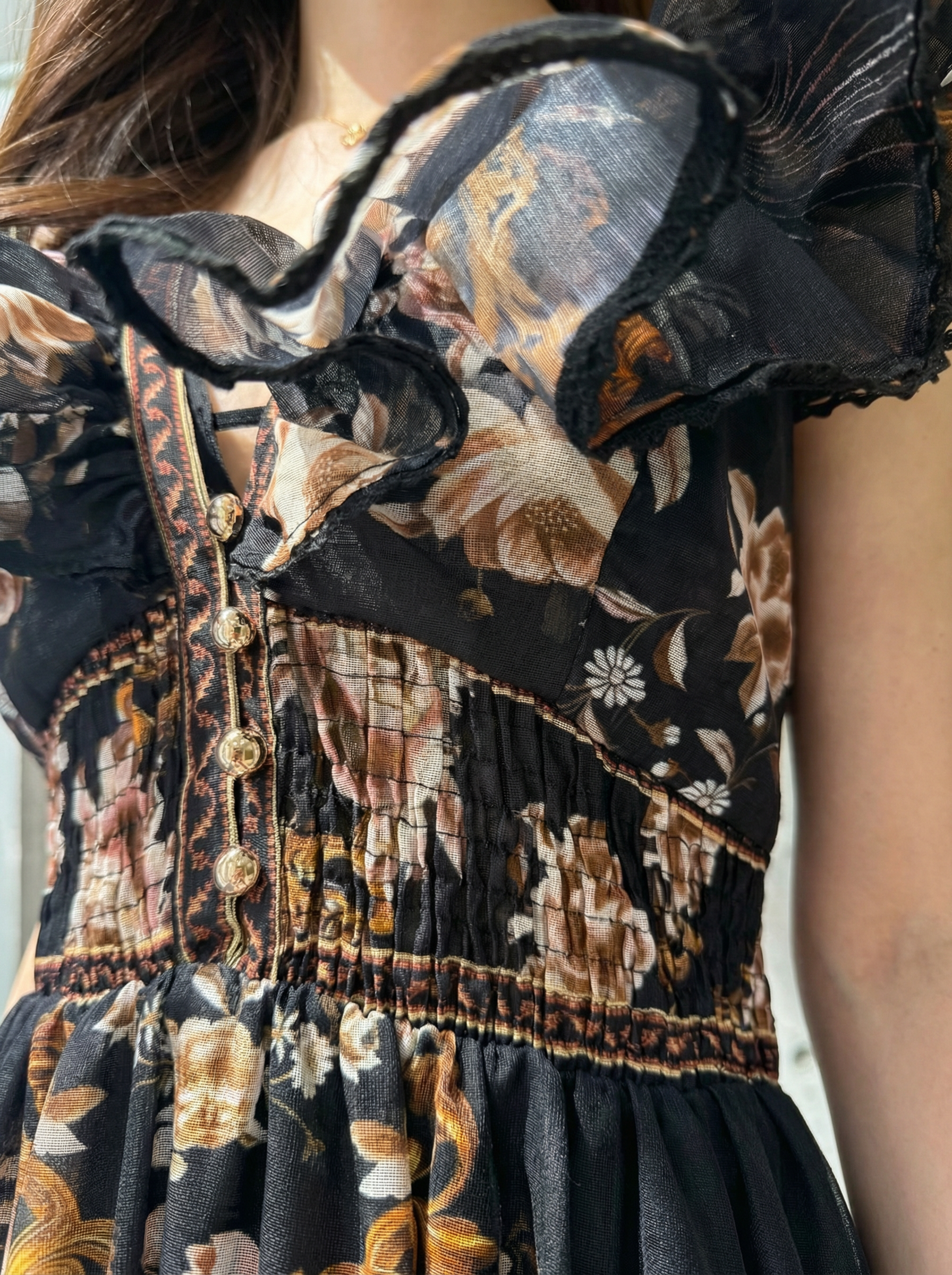 復古花卉印花荷葉邊長洋裝