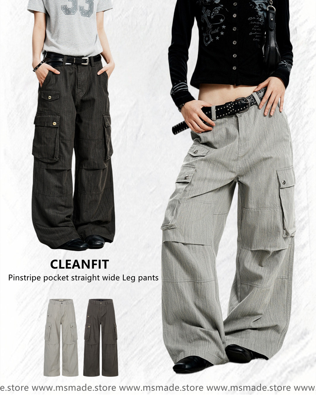 M6986直紋口袋直筒闊腿褲