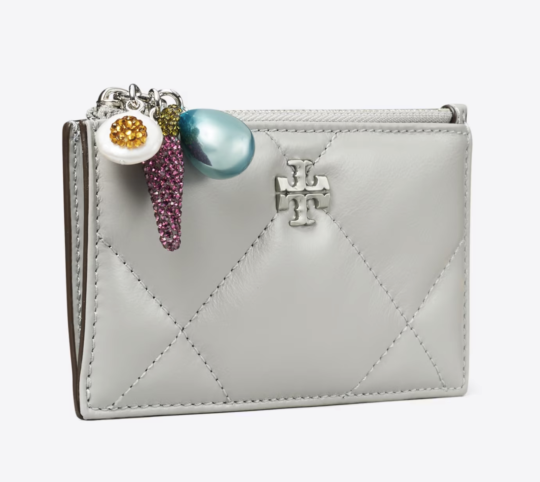 Tory Burch Kira Diamond Quilt Distressed Charm Zip Card Case