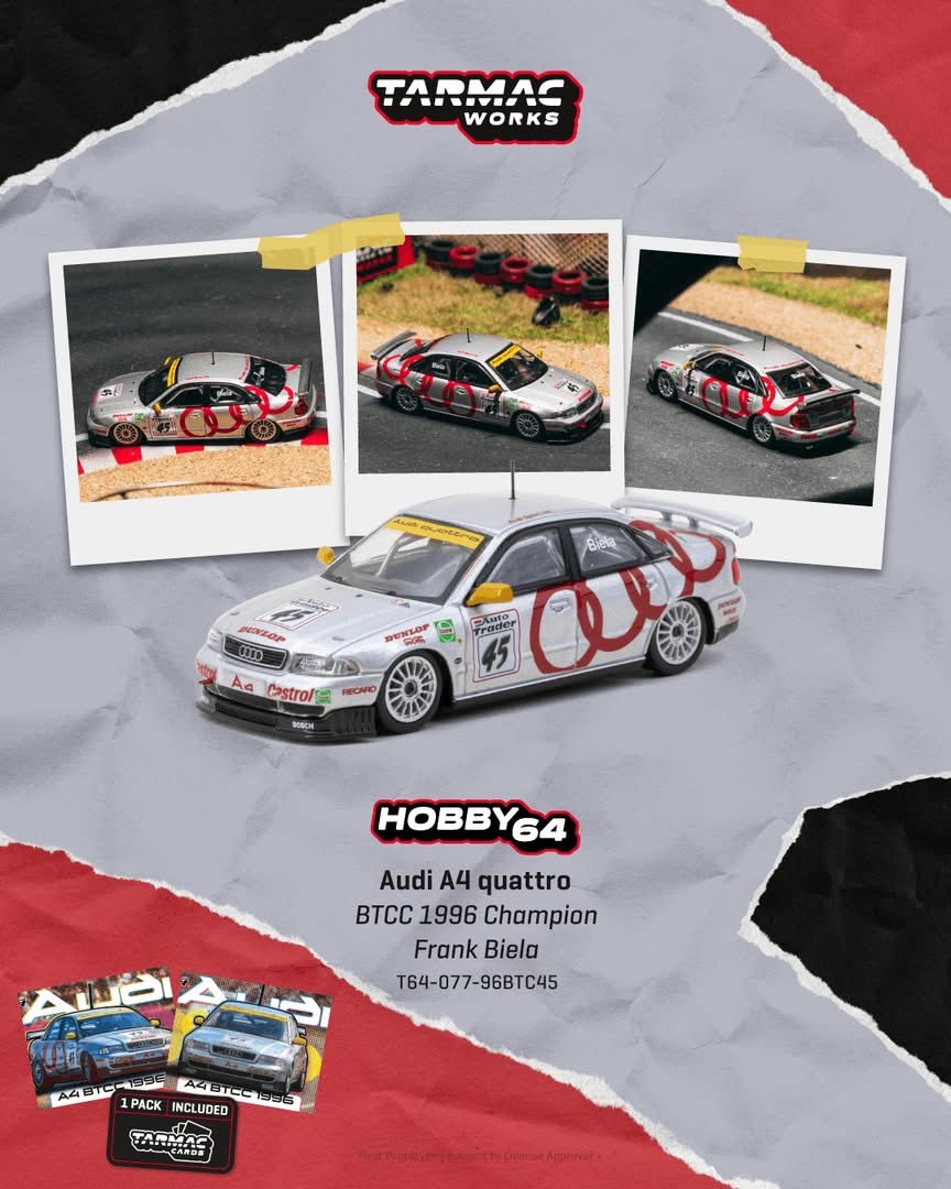 (預訂 Pre Order) Tarmac Works ( T64-077-96BTC45 ) Audi A4 quattro BTCC 1996 Champion Frank Biela