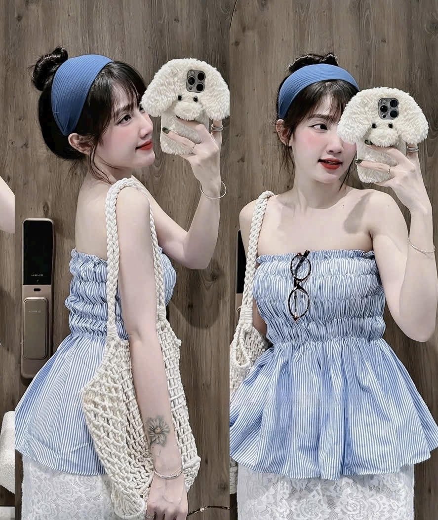 藍色條紋荷葉邊抹胸上衣