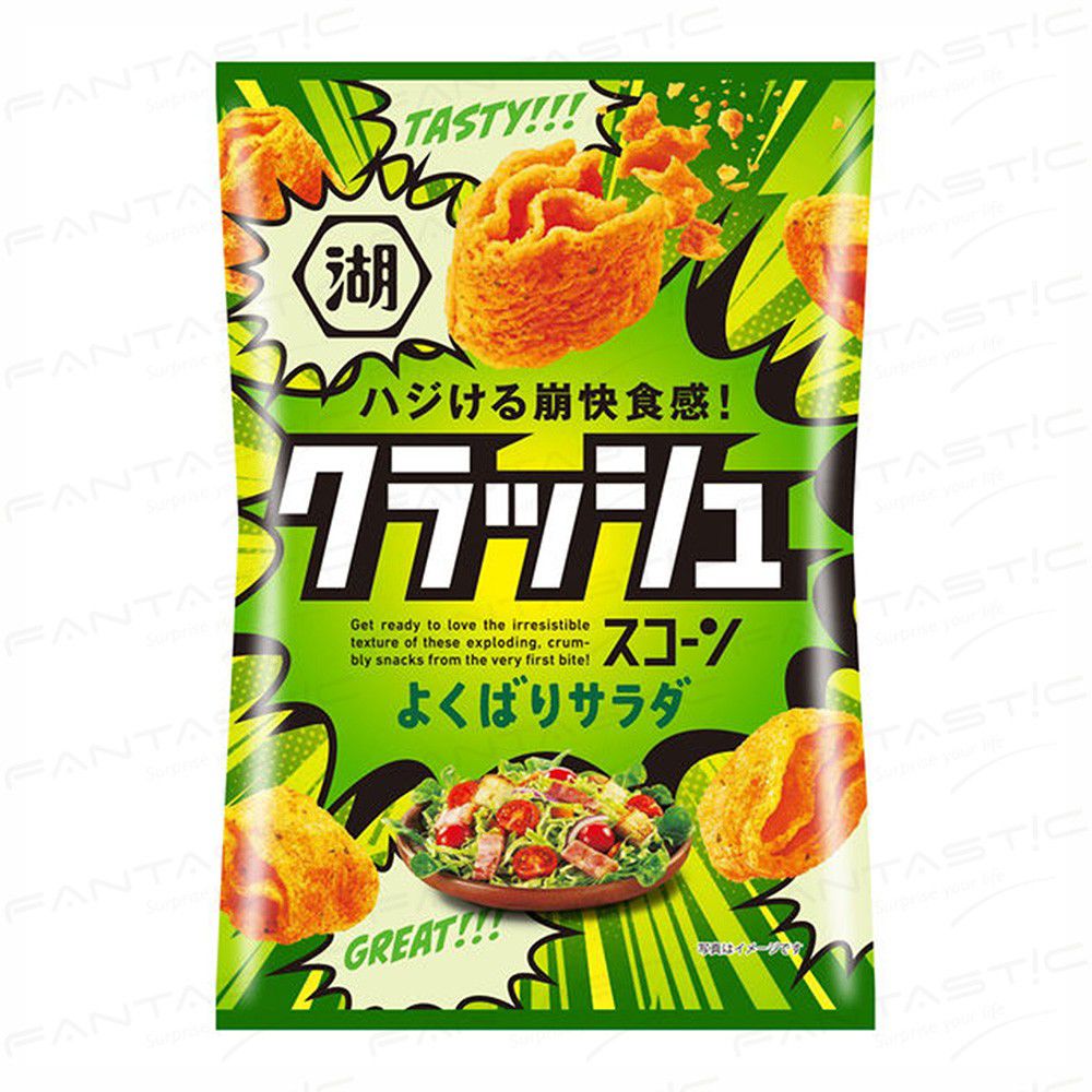 湖池屋（Koikeya）推出的 CRUSH Scone（クラッシュスコーン）玉米脆餅，主打法式清湯沙拉口味。