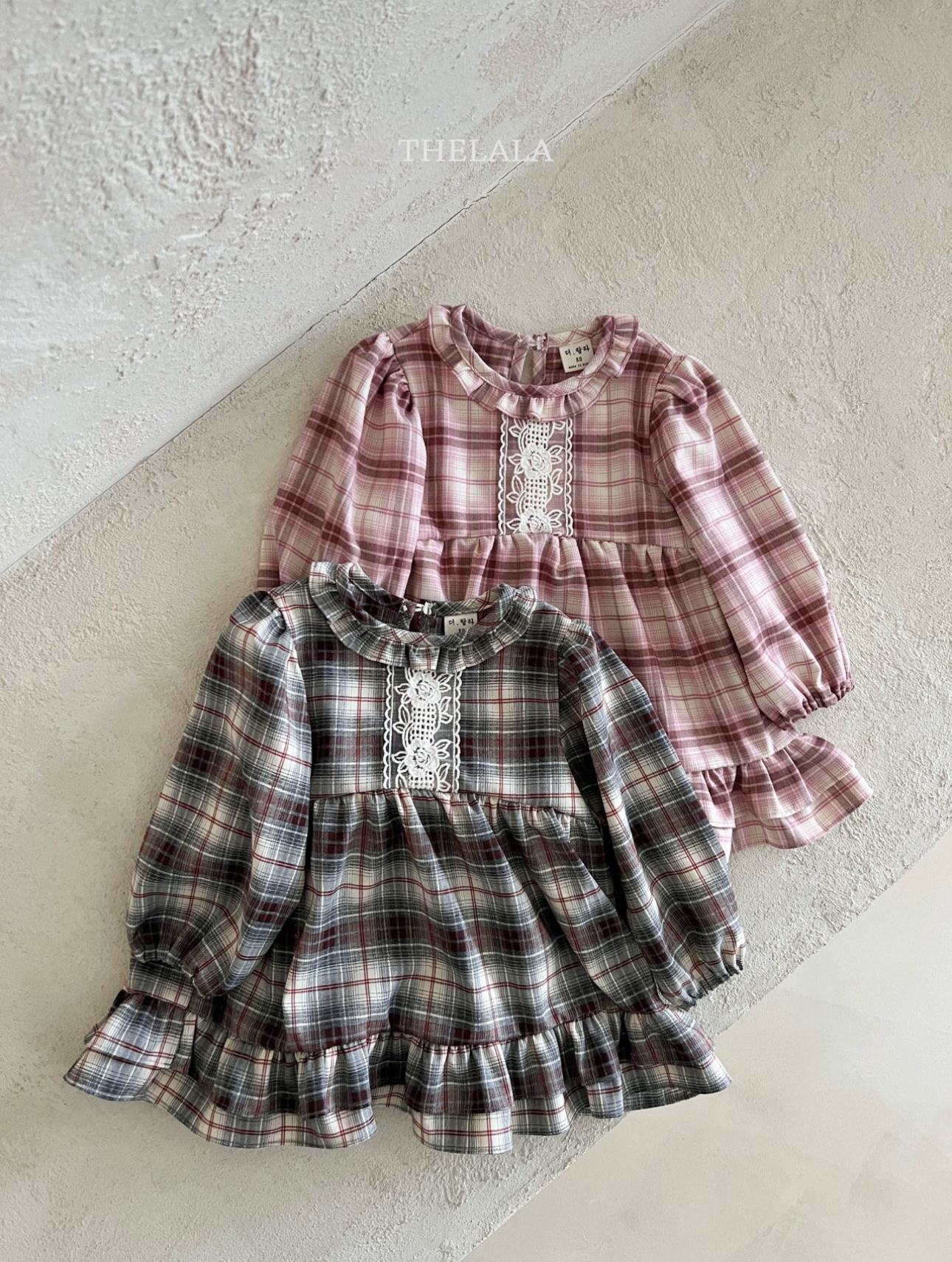 🌸預訂 韓國直送🌸🇰🇷THELALA兩色蕾絲荷葉邊格紋長袖連身裙