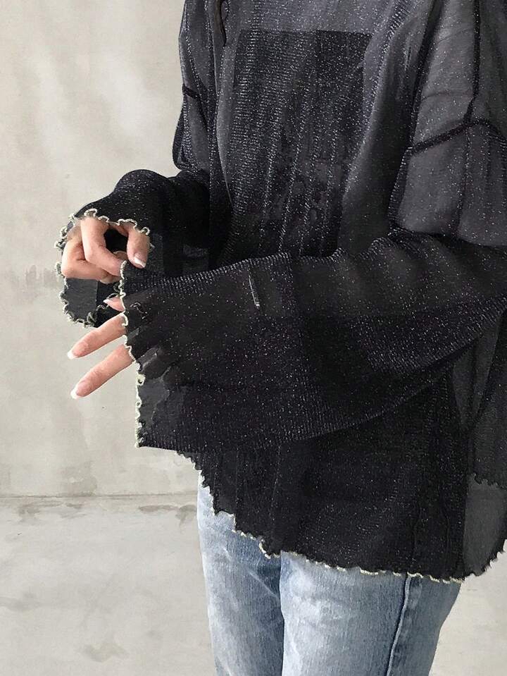 （多色）閃亮透視長袖上衣