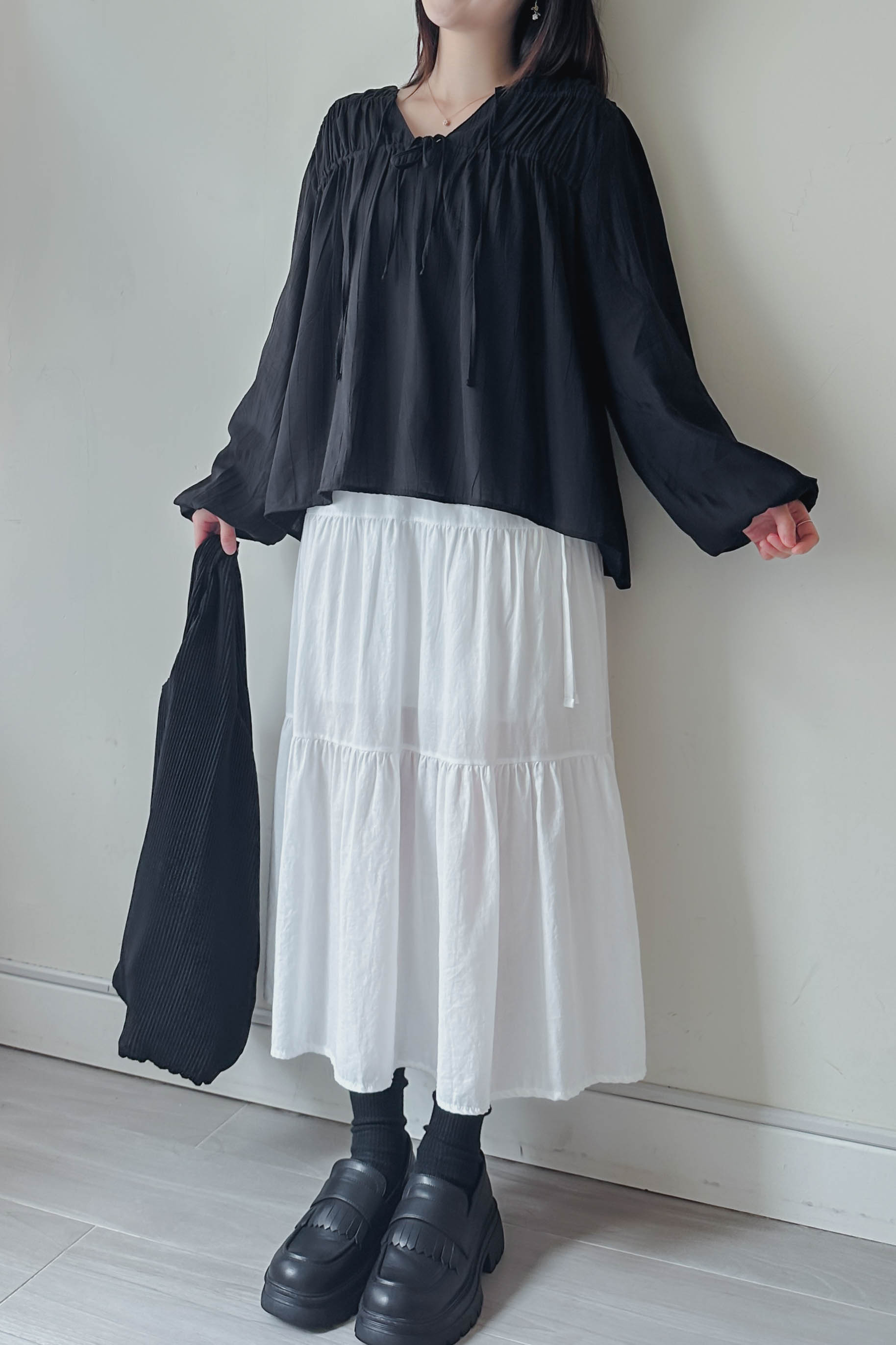 格紋細褶側綁蛋糕裙 (兩色入)