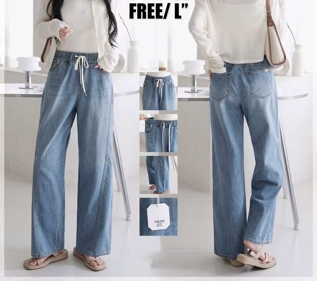 全橡筋腰側拼接牛仔褲