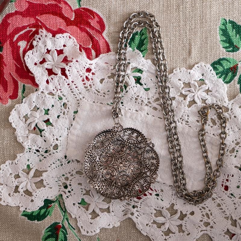 Vintage C.a.1960s Austrian Petit Needlepoint Floral Silver Tone Large Pendant Necklace (NZ007)