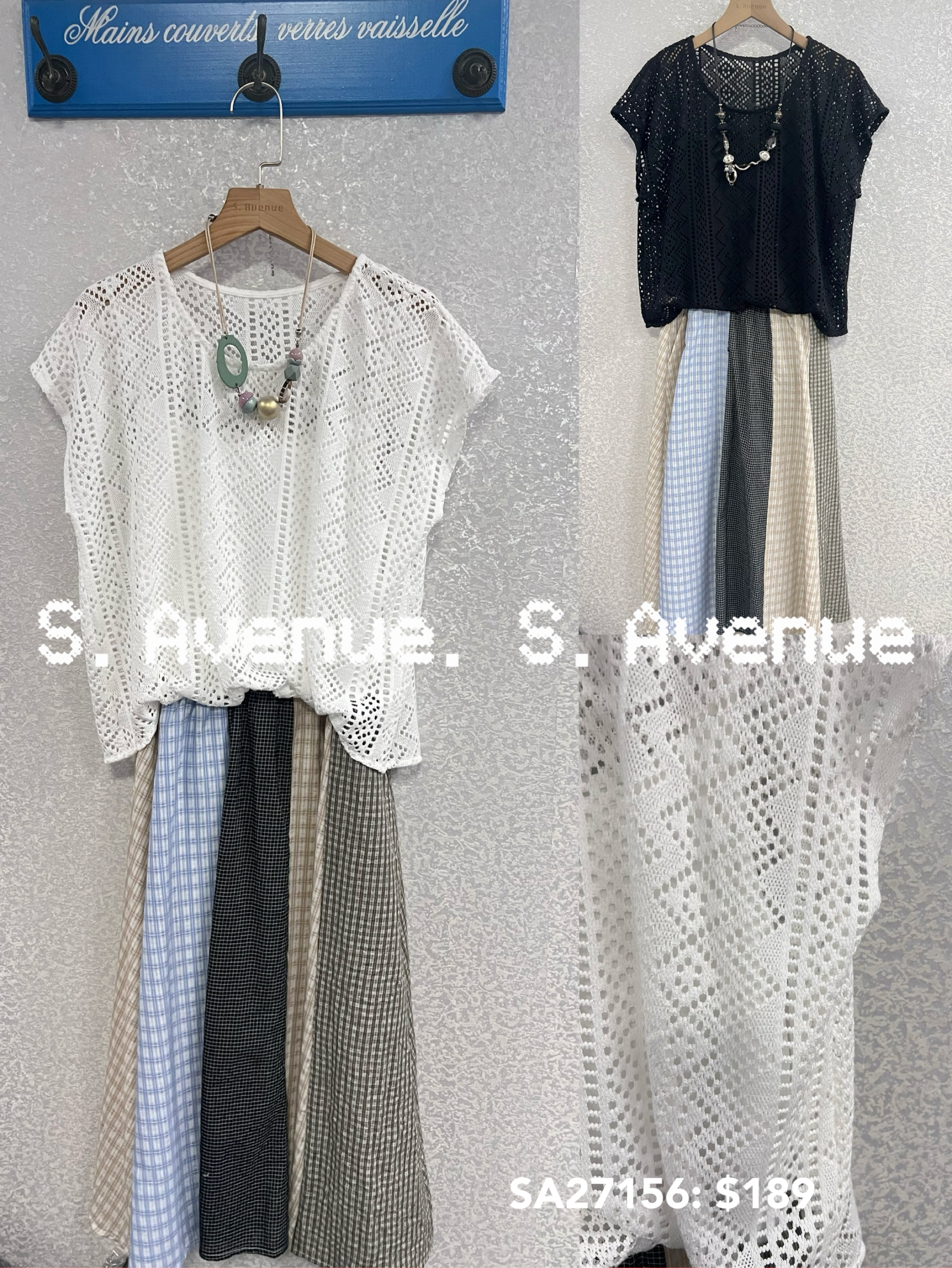 SA27156: 短袖上勾花lace下拼格仔op