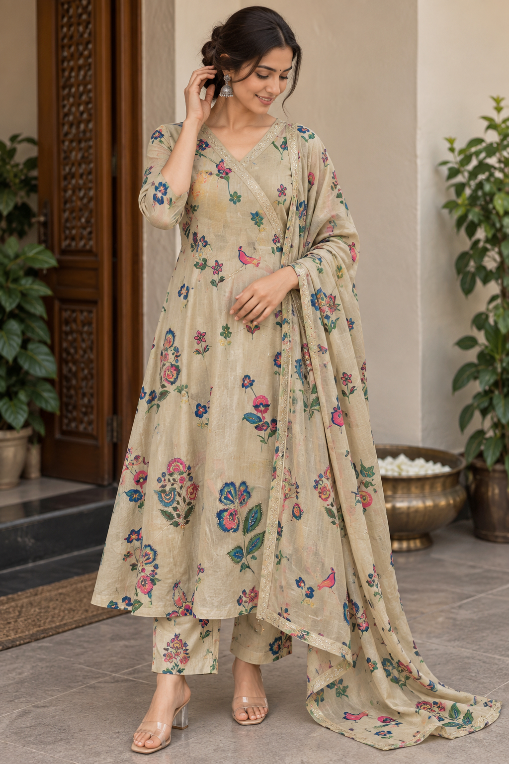 Light Olive Floral Cotton Anarkali set