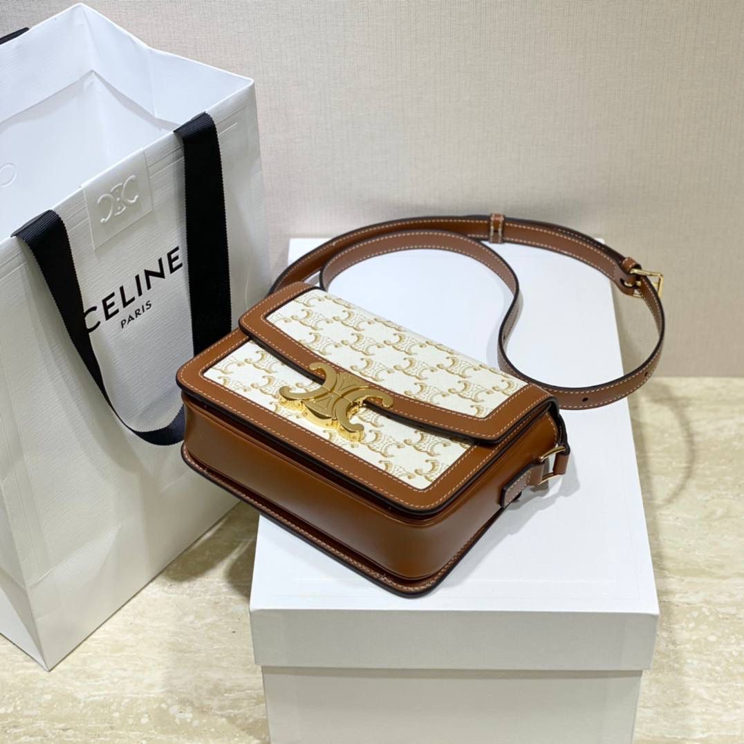 🔥大货实拍图 𝗖𝗘𝗟𝗜𝗡𝗘 ♥ 𝗧𝗥𝗜𝗢𝗠𝗣𝗛𝗘 𝗧𝗘𝗘𝗡 𝗕𝗢𝗫小号 在原来的锁扣上加了CELINE首字母凯旋门扣，完完整整的巴黎血液注入啊！将复古元素与品牌一向拿手的利落线条相结合，气质 高贵！ 型号：188882 小号尺寸：18.5*14*6cm