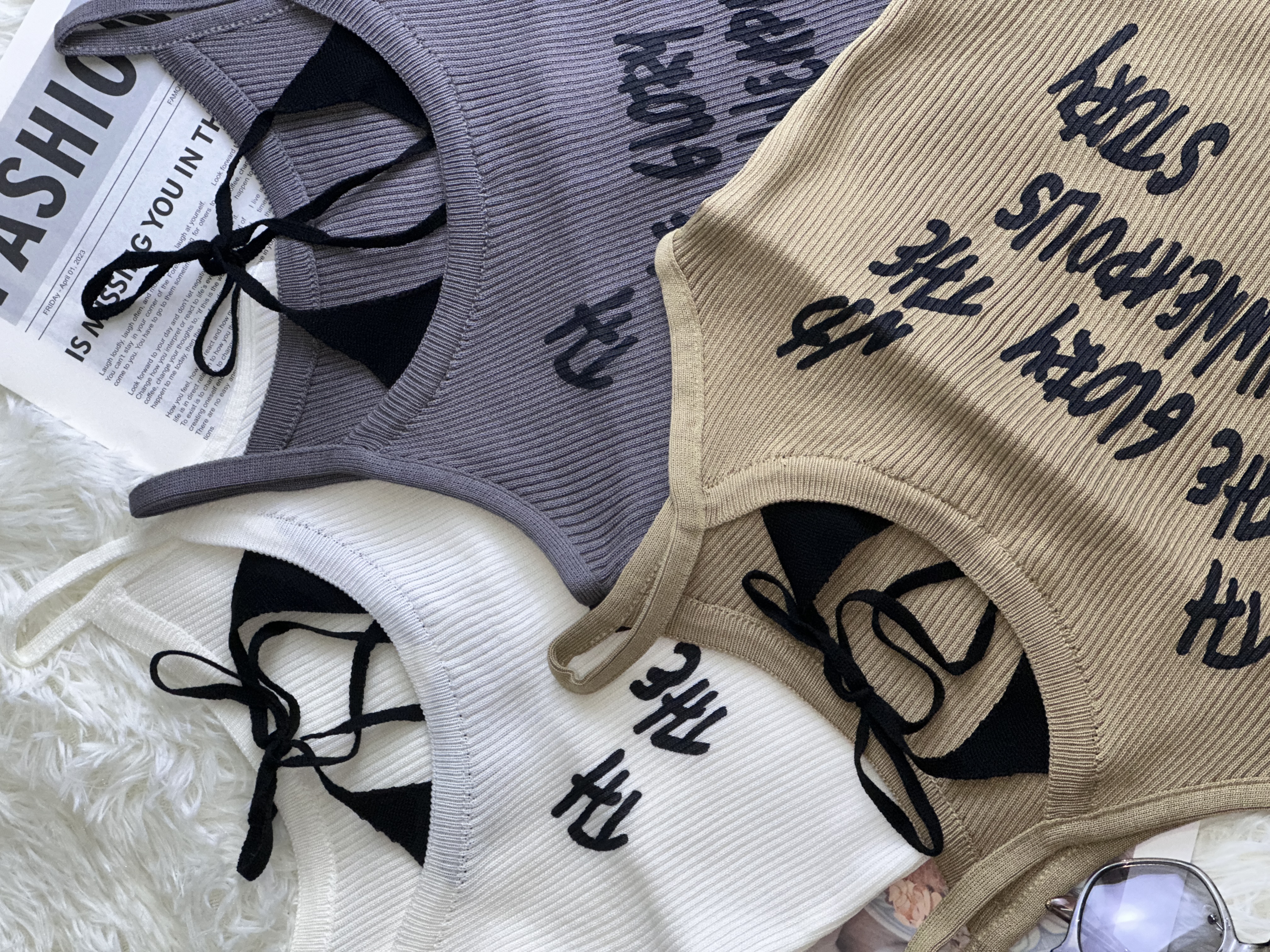 T20013#Y0229 Ribbed Knit Letter Print Camisole Top | Casual Slim Fit Sleeveless Tank