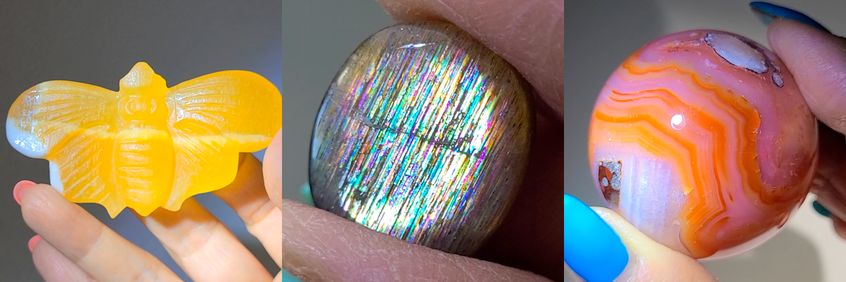 Orange calcite bee, neon rainbows sunstone, and red carnelian sphere.