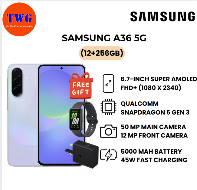 SAMSUNG A36 5G (12+256GB), free 25w adapter & fit 3, 100% ORIGINAL MALAYSIA BRAND NEW