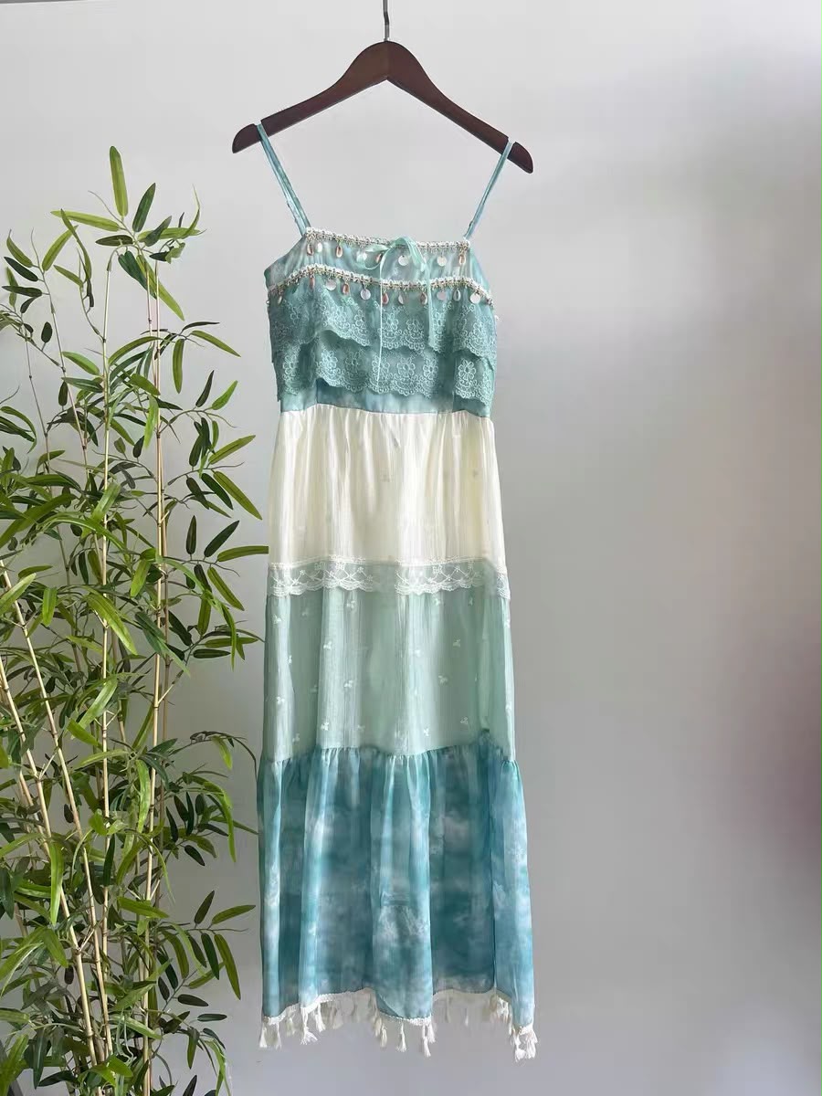 A031132 French Tie-Dye Ruffle Cami Maxi Dress