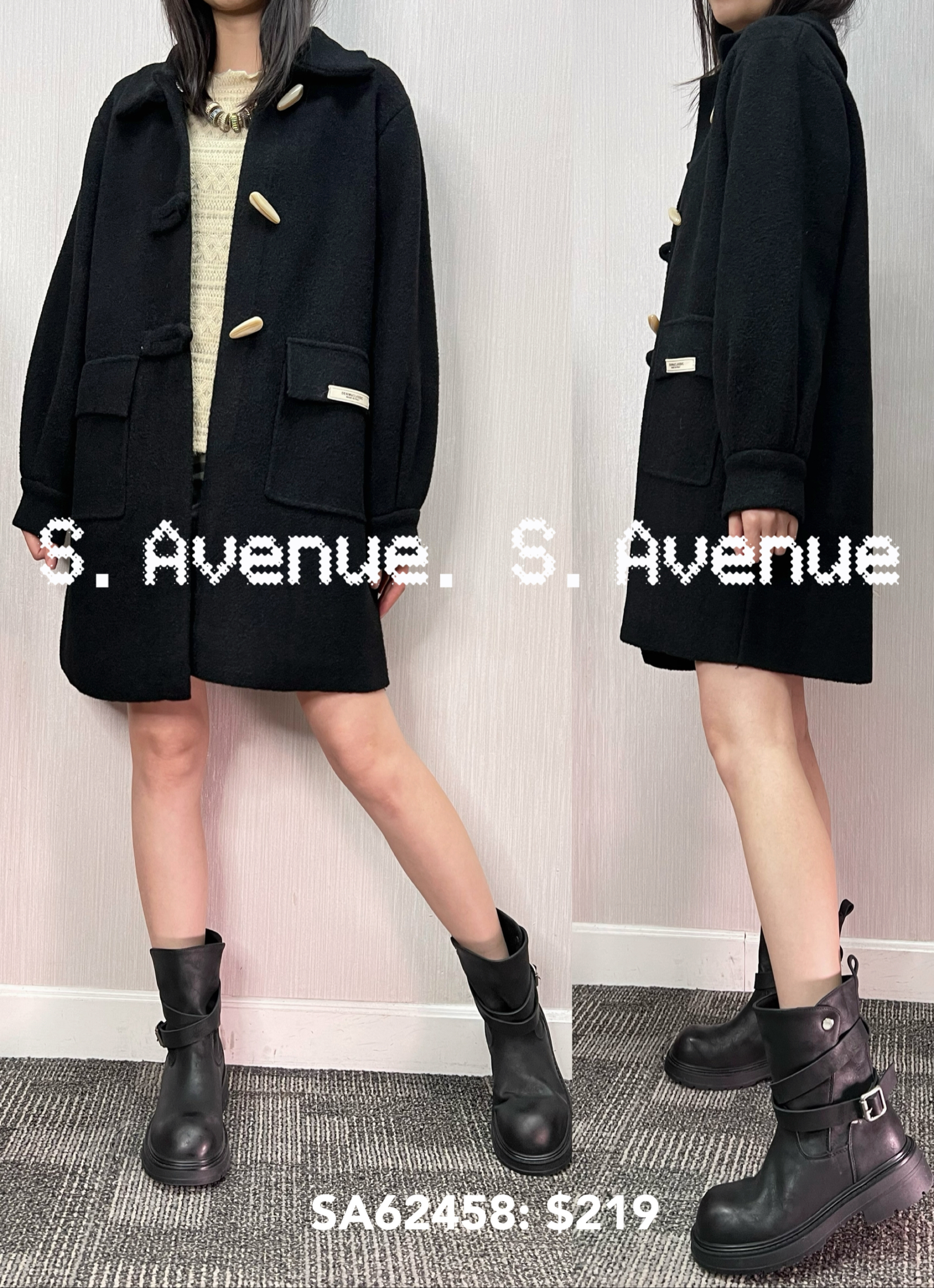 SA62458: 長袖長身牛角鈕有帽絨褸