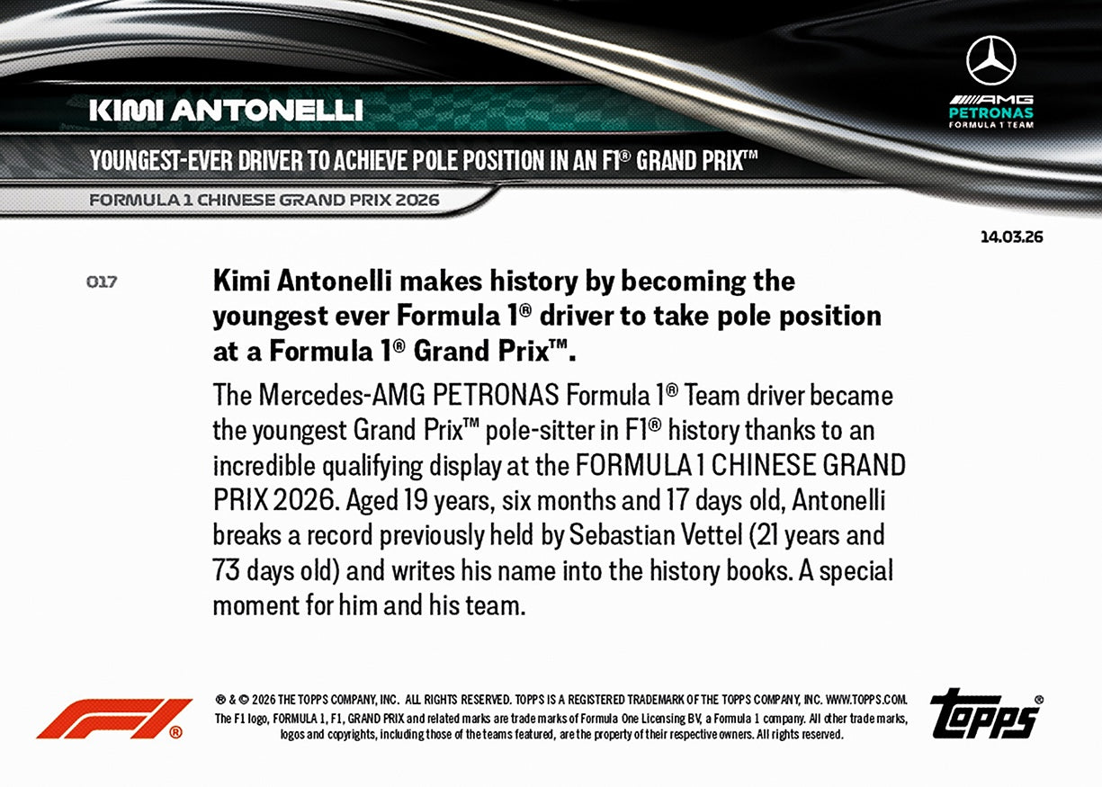Kimi Antonelli - 2026 F1 Topps NOW® #17 Chinese GP 史上最年輕Pole紀錄卡｜PR 9,379