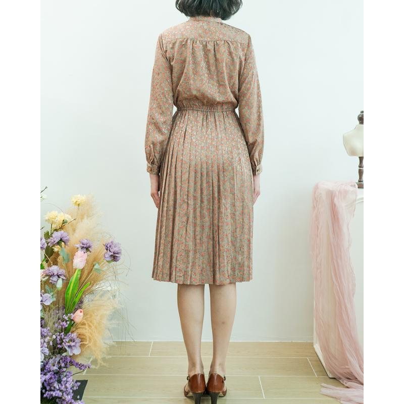 Vintage Japanese Sanyo Ruffle Trimmed Floral Beige Dress(MT1608-91)
