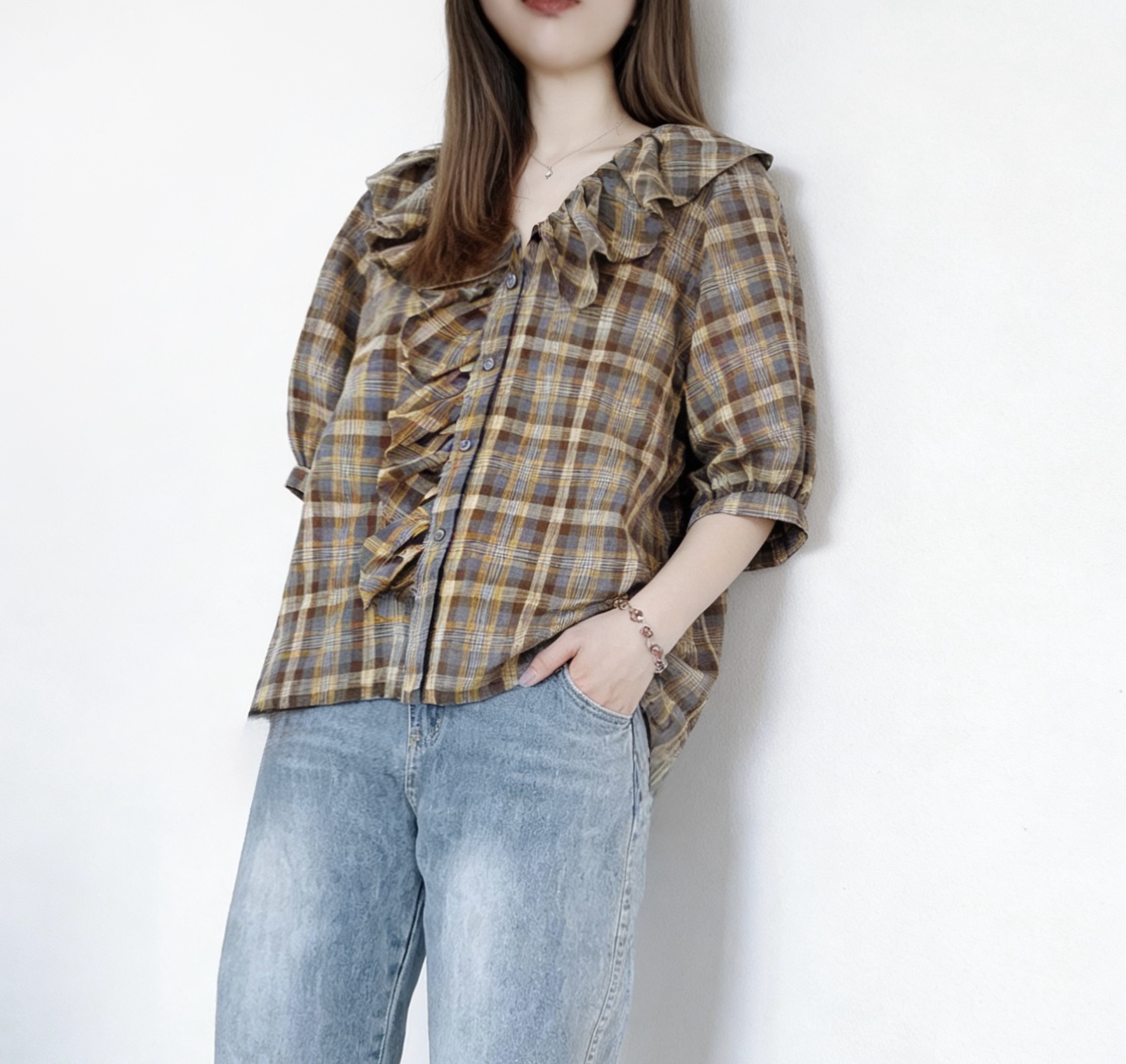 🌼初春優惠🍀 撞色格仔Ruffle Top
