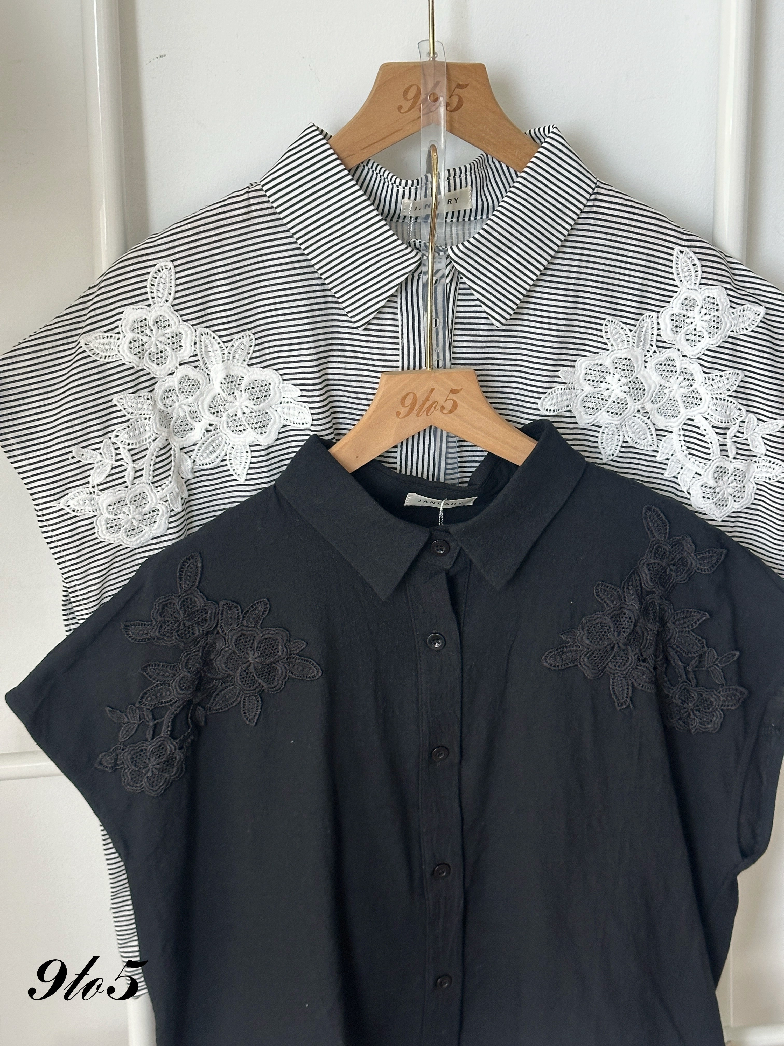 T4259 Cape Sleeve Embroidery Floral Shirt - Black & Stripe