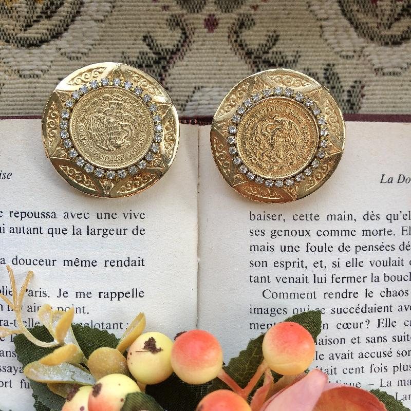 1980s Stylishly Framed Coin "Mexico 500 Pesos" Clip Earrings/Statement Coin Earrings(MT1877-8)