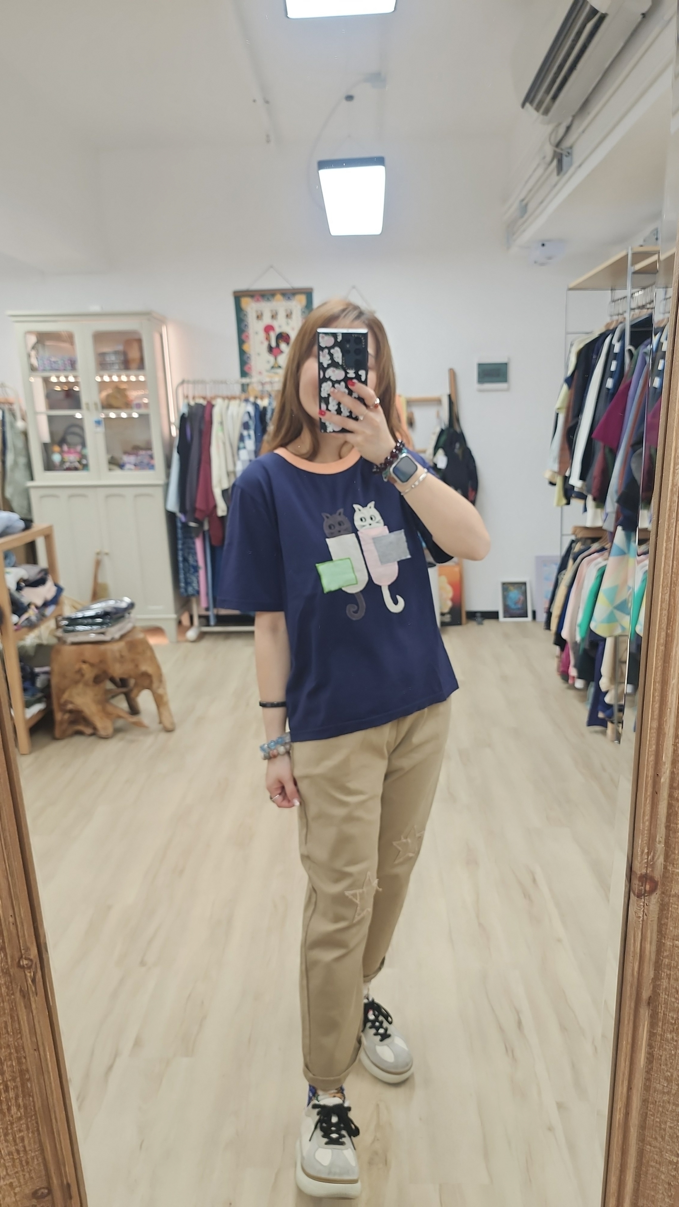 韓國深藍拼雙貓車布Tee